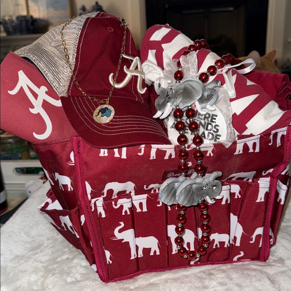 Alabama Crimson Elephant Print Tote with Matching Cap & Beaded Necklace and More